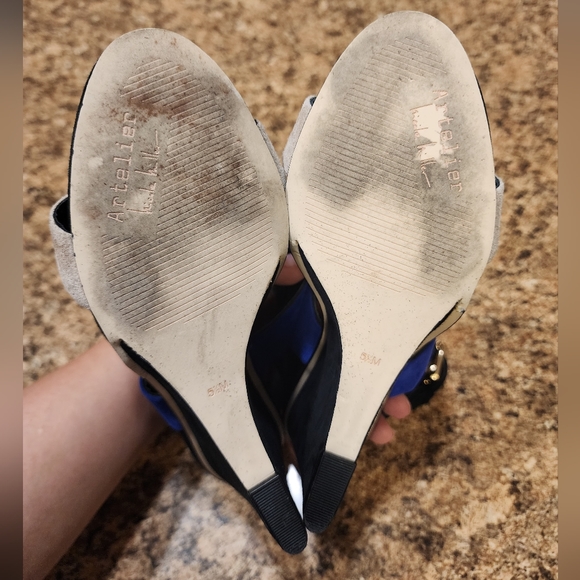 NICOLE MILLER ARTELIER Wiley Suede Wedge Sandal - Black/Blue/Taupe - Size 5.5 - Picture 7 of 8